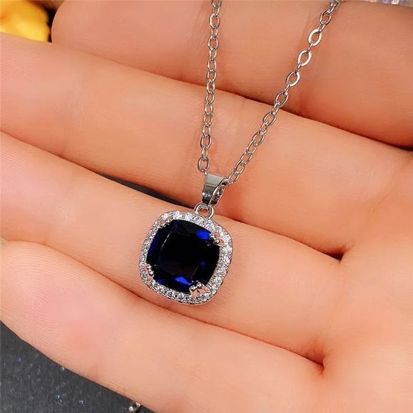💙 Cushion Cut Blue Sapphire Cz Diamond Halo Necklace - Picture 8 of 14